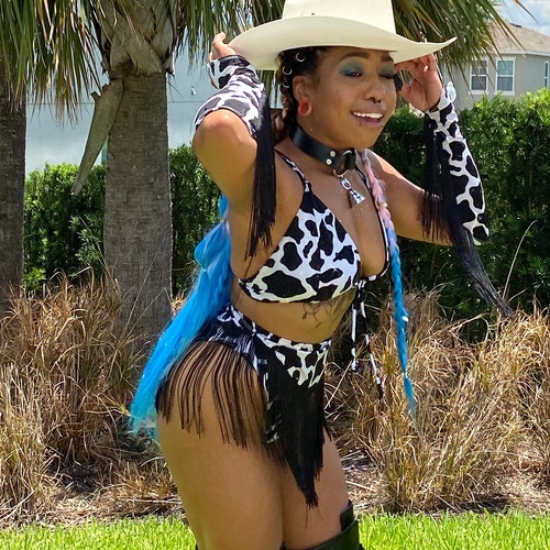 Cow Print Rhinestone Festival Rave Clothing Outfit For Women- High Waist Fringe Shorts Arm Covers Tie Top Bra
