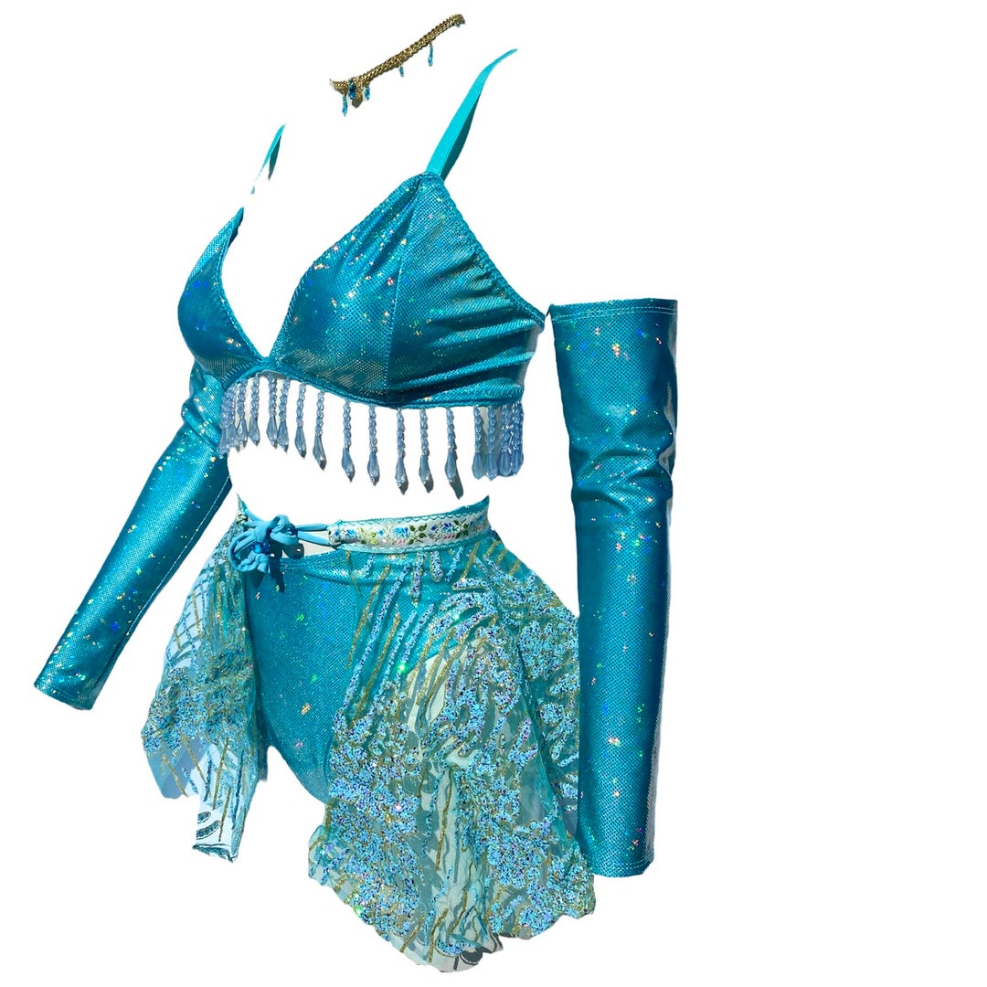 Iridescent Blue Beaded Festival Outfit for Women Full Rave Set With