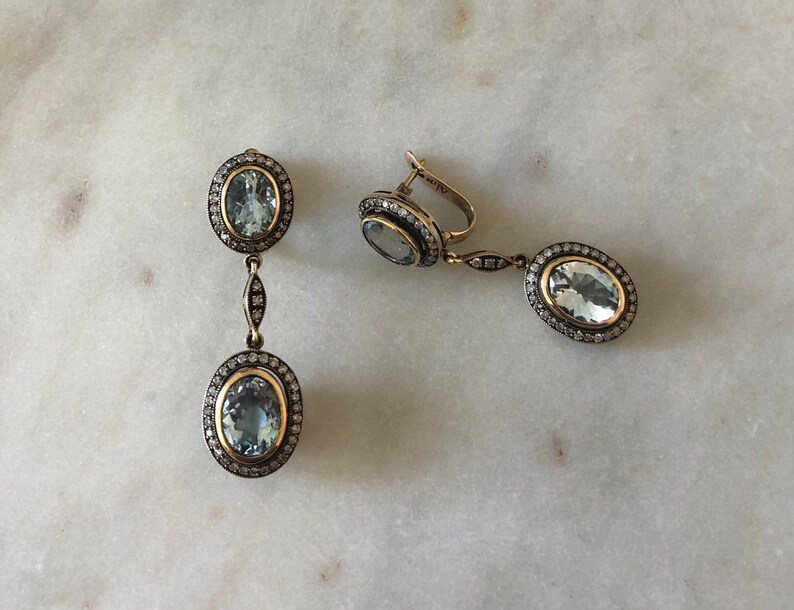 9ct Gold Aquamarine And Diamond Stud Drop Earrings Etsy