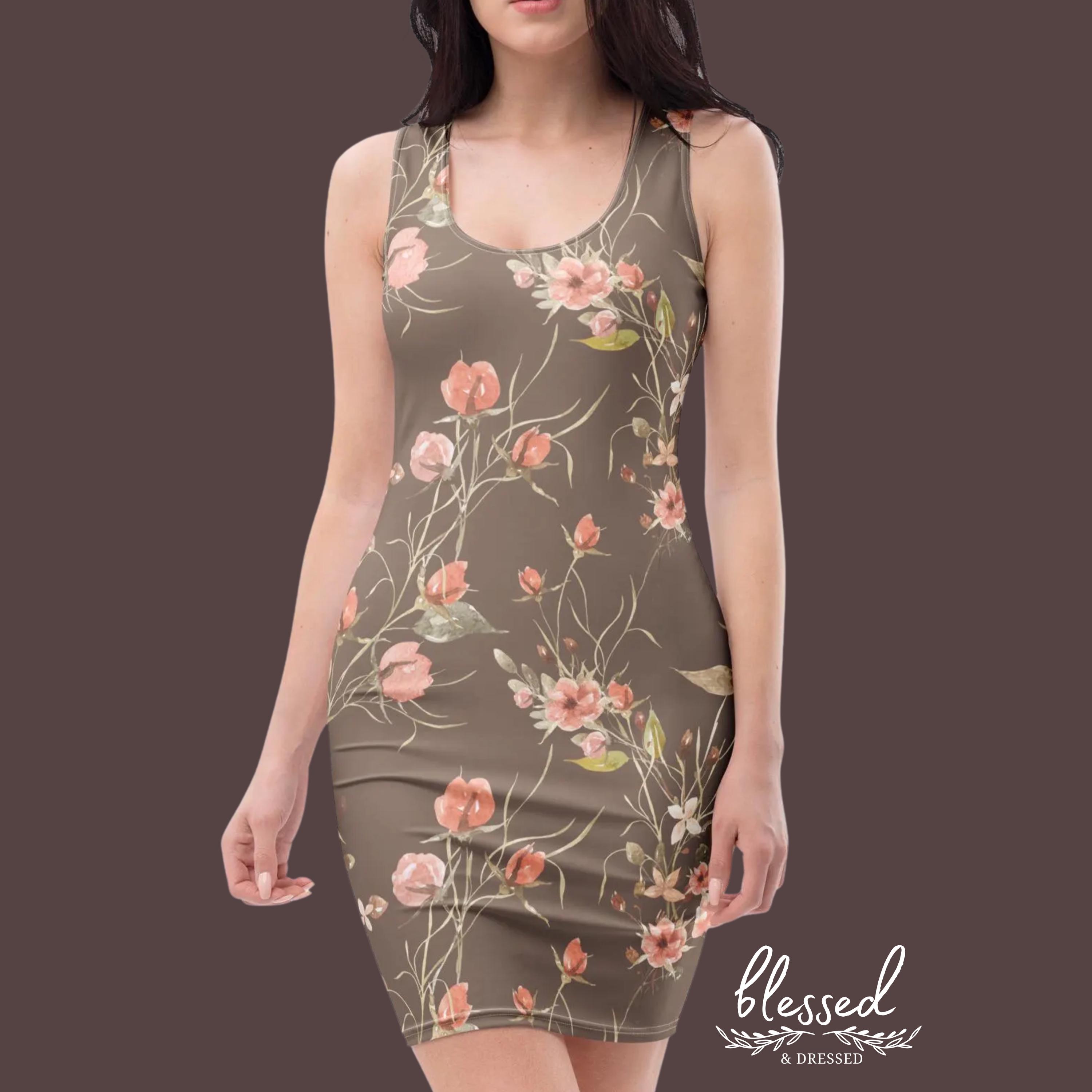 Brown Floral, Vintage Pattern, Bodycon Dress, Fitted - Etsy