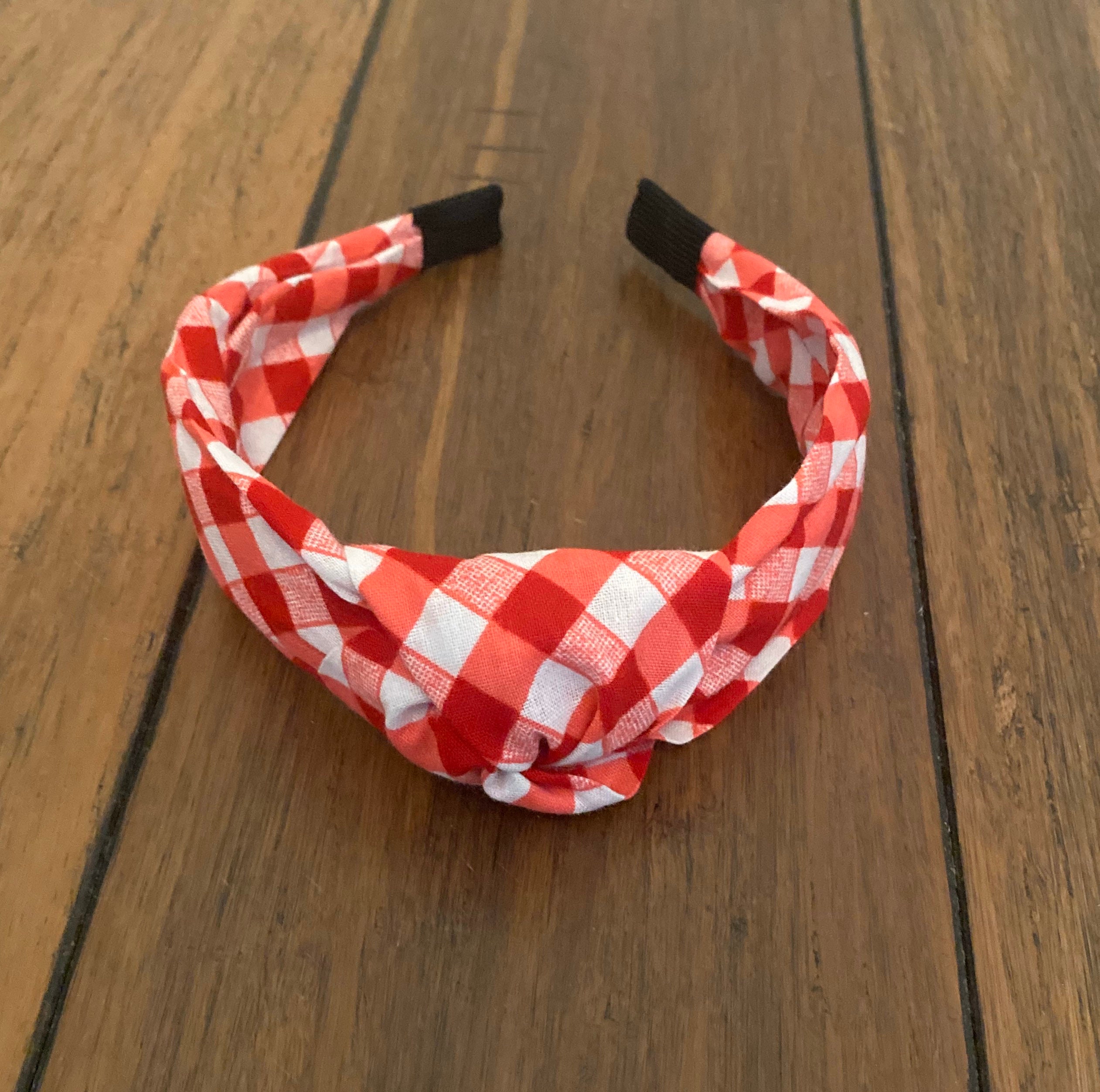 New handmade boutique checkered top knot flexible wide headband red/white Rockin main image 2