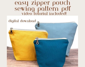DIY Zipper Pouch Bag Sewing PATTERN, PDF Digital File, Beginner Easy Instant Download, Zippy Pencil Bag Tutorial, Makeup Bag- Video Tutorial