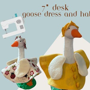 May include: Two plush goose dolls, each with a 7-inch desk dress and hat. One goose wears a yellow dress and hat, the other a floral dress and hat. The image includes text: "easy instructions" and "what's included: reversible dress, cute hat, removable wing."