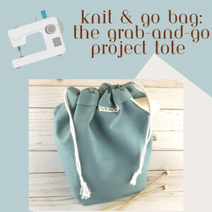 May include: A teal drawstring project tote bag with white cord and wooden knitting needles. The bag is labeled "Knit & Go Bag" and includes four sizes. The image also features a sewing machine and a spool of thread.