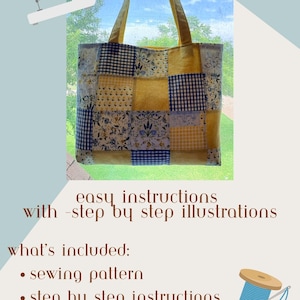 May include: A patchwork picnic tote sewing pattern by the bay bag co. featuring easy instructions with step by step illustrations. The kit includes a sewing pattern, step by step instructions, and a full video tutorial for a yellow and blue bag.
