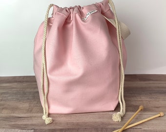 Knitting Project Tote Bag, BLUSH PINK, Crochet Project Bag, MEDIUM Canvas Project Bag, Drawstring Bag with Pockets - Ready To Ship