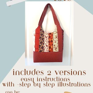 May include: A patchwork tote bag with a red polka dot base and straps. The bag features various fabric patterns, including floral and leaf designs. Text on the image reads "Sunny Sunday Tote" and "includes 2 versions easy instructions with step by step illustrations".