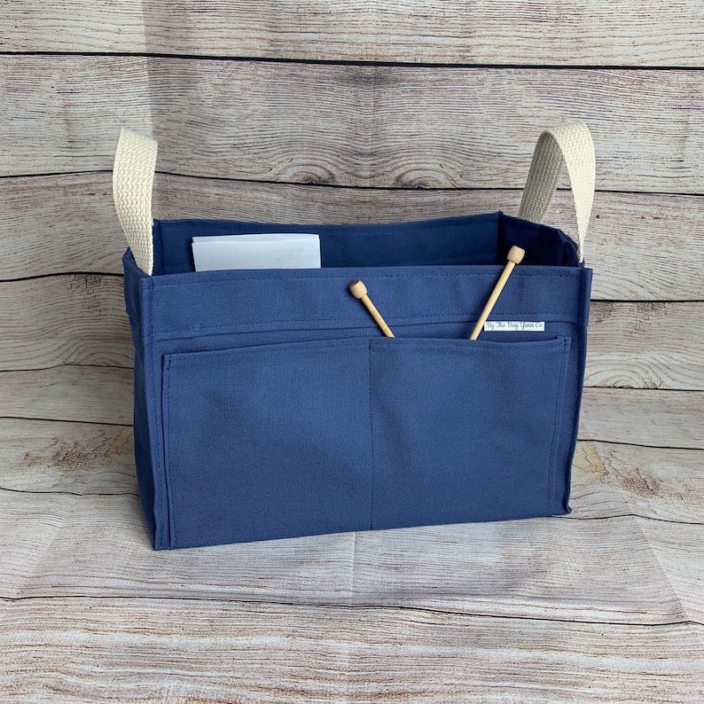 Knitting Crochet BUCKET BIn Project Bag NAVY BLUE Canvas Drawstring Bag