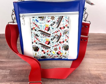 OOAK Handmade Disney Cruise Ship Themed Handbag - Royal Blue, White & Red Faux Leather - Crossbody  Purse