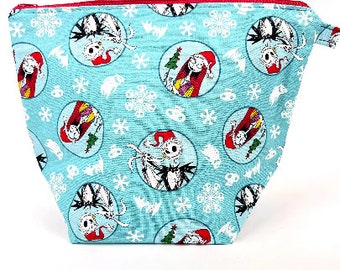 OOAK Knitting Crochet Project Bag Nightmare Christmas Toiletry Makeup Bag Zipper Pouch Large Canvas Lined Halloween