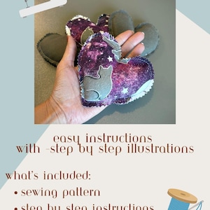May include: Reusable hand/foot warmers with a galaxy print and cat design. The image includes a sewing machine illustration and text that reads "easy instructions with step by step illustrations". The image also includes a spool of thread.