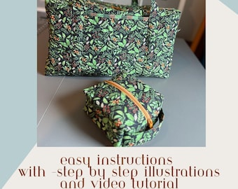 May include: A green floral duffle bag and matching toiletries pouch. The bag has a top zipper and handles. The image includes text that says "rosie roadie duffle bag" and "easy instructions with step by step illustrations and video tutorial."