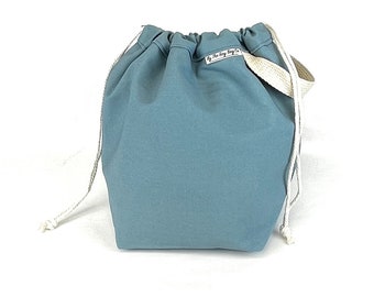 Knitting Project Tote Bag,  SLATE. BLUE, Crochet Project Bag, MEDIUM Canvas Project Bag, Drawstring Bag w/ Pockets - Ready To Ship