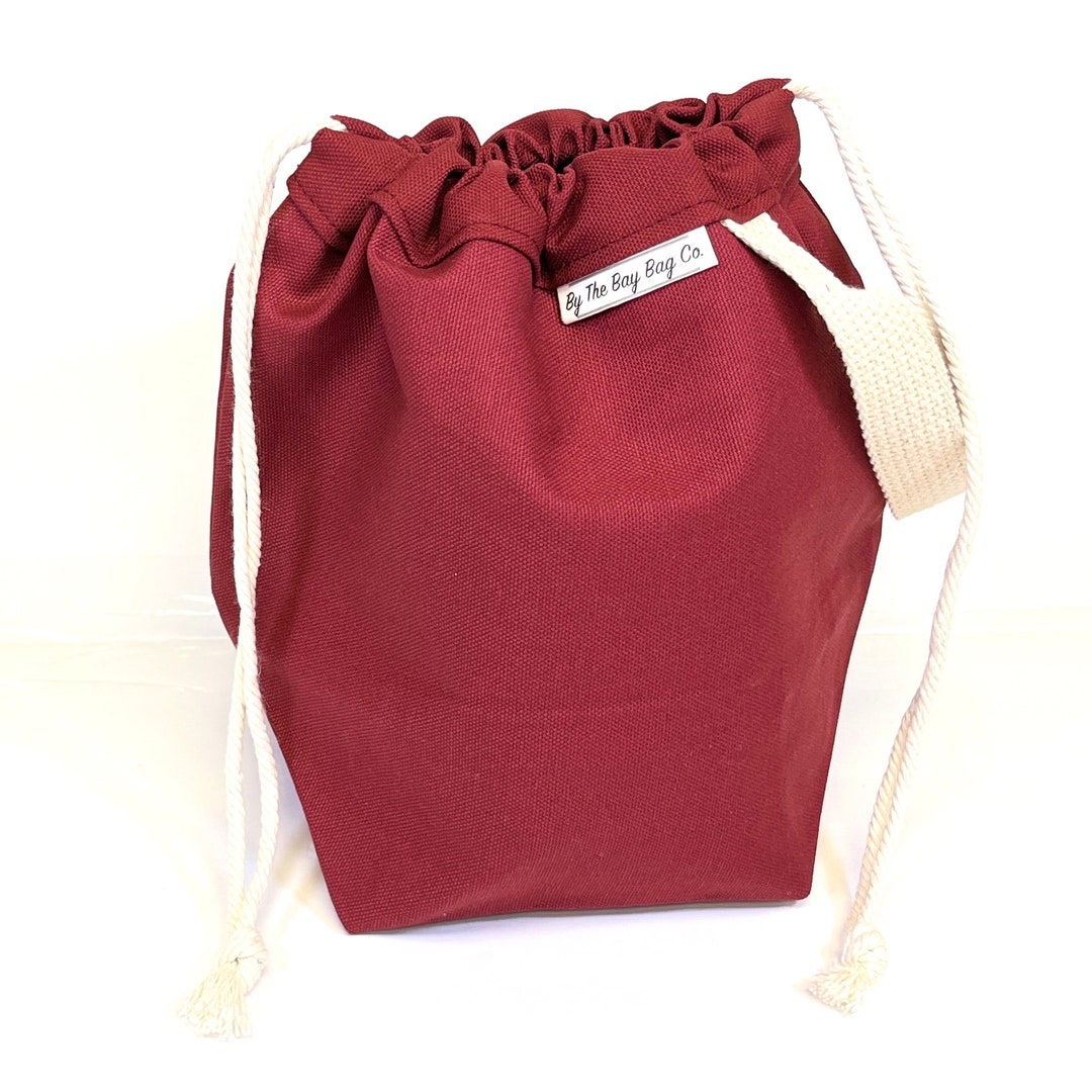 SMALL Knitting Project Bag MAROON Drawstring Bag with Pockets Etsy
