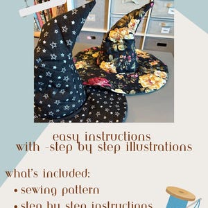 May include: Two quilted witch hats, one black with white stars and the other with a floral pattern. The image includes text that reads "wende witch hat-quilted" and "easy instructions with -step by step illustrations".