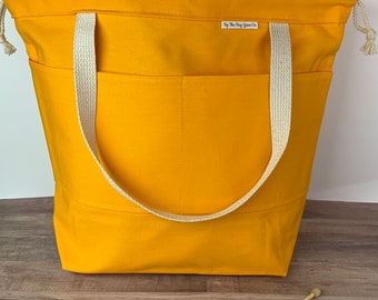 Knitting Project Tote Bag, EL GRANDE, Crochet Project Bag YELLOW Canvas Xlg Project Bag, Drawstring Bag with Pockets - Ready To Ship