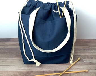 Knitting Project Tote Bag, EL GRANDE, Crochet Project Bag MIDNIGHT Gray Xlg Canvas Project Bag, Drawstring Bag with Pockets - Ready To Ship