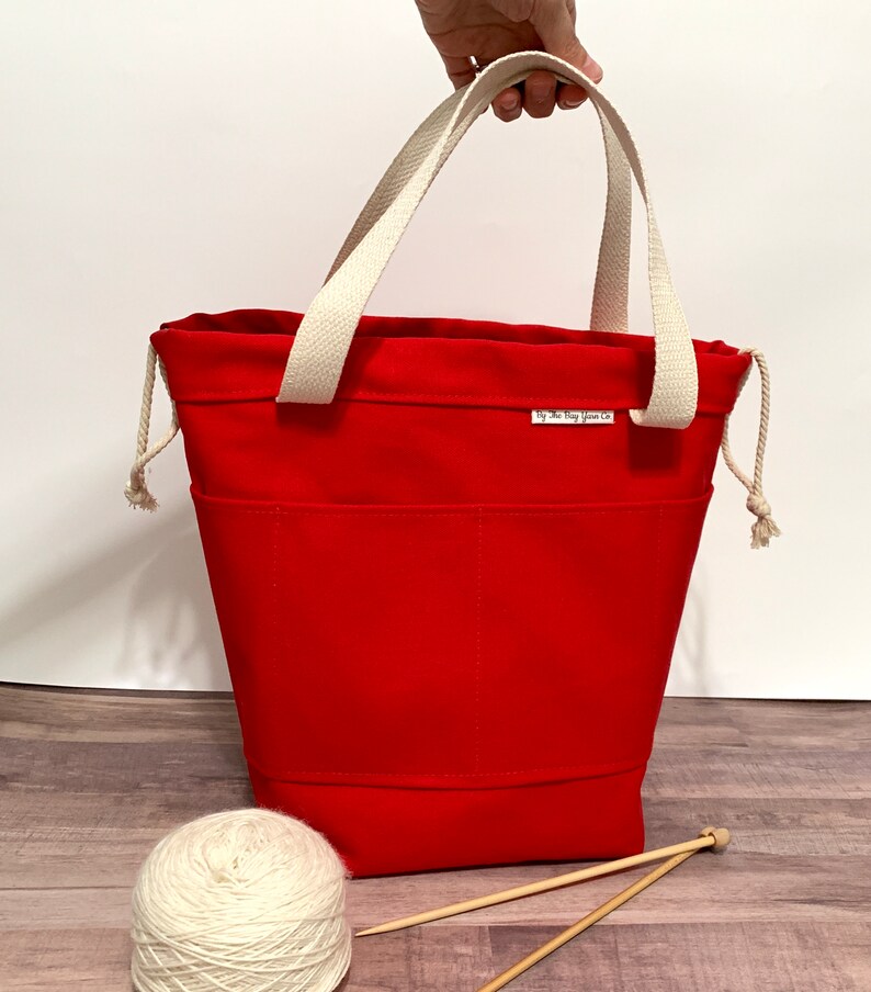 2 Handle Knitting Crochet Project Bag RED Canvas Drawstring Bag