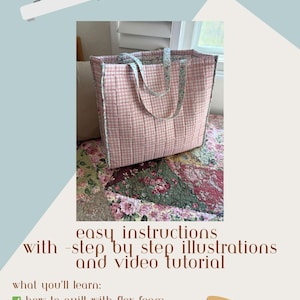 May include: A pink and white checked shopper tote bag with floral handles. The image includes text that reads "market shopper tote" and "easy instructions with step by step illustrations and video tutorial". A sewing machine and spool of thread are also shown.