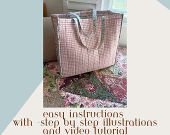 May include: A pink and white checkered market shopper tote bag with floral handles. The image includes text that reads "market shopper tote" and "easy instructions with step by step illustrations and video tutorial". A sewing machine and spool of thread are also shown.