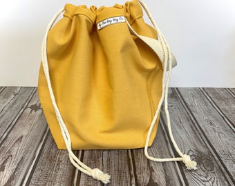 LARGE Knitting Project Bag HARVEST GOLD Yellow 100% Cotton Drawstring Bag with Pockets Crochet Needlework Makeup