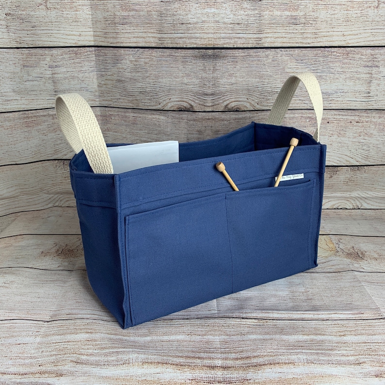 Knitting Crochet BUCKET BIn Project Bag NAVY BLUE Canvas Drawstring Bag