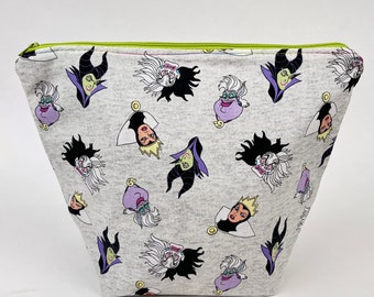 OOAK Disney Villains Knitting Crochet Project Bag Toiletry Makeup Zipper Pouch Large Canvas Lined Ursula Evil Witch Malificent Cruella deVil