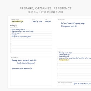 May include: A meeting notes template with a checklist for website redesign. The template includes sections for things to discuss, meeting notes, and things to do. The date is April 9, 2018, and the time is 3:00 pm. The next meeting is scheduled for April 16, 2018, at 4:00 pm.