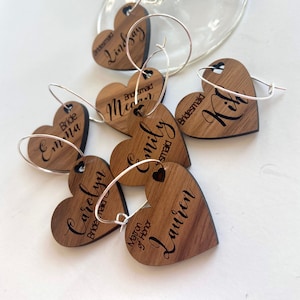 Personalized Heart Wood Wine Charms, Bridesmaid Gift, Party Favor