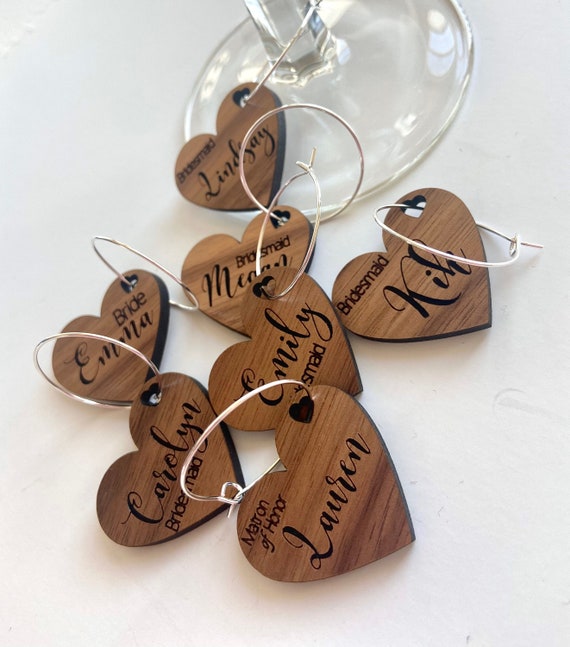 Personalized Heart Wood Wine Charms, Bridesmaid Gift, Party Favor