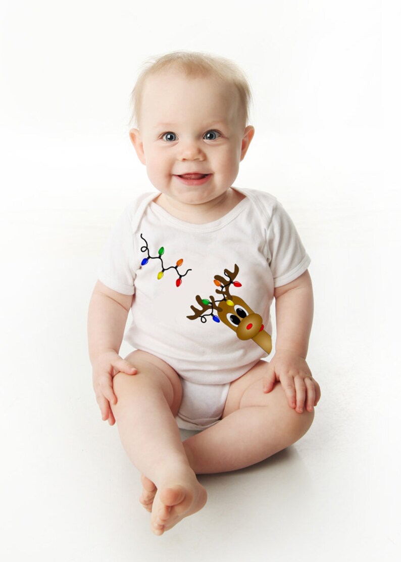 Short Sleeve Christmas Baby Bodysuit with Reindeer and Christmas Lights Print