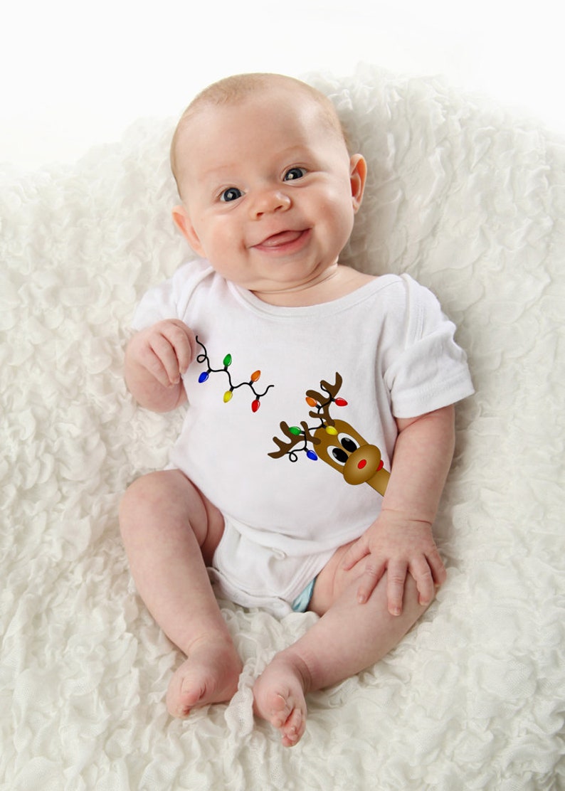 Short Sleeve Christmas Baby Bodysuit with Reindeer and Christmas Lights Print