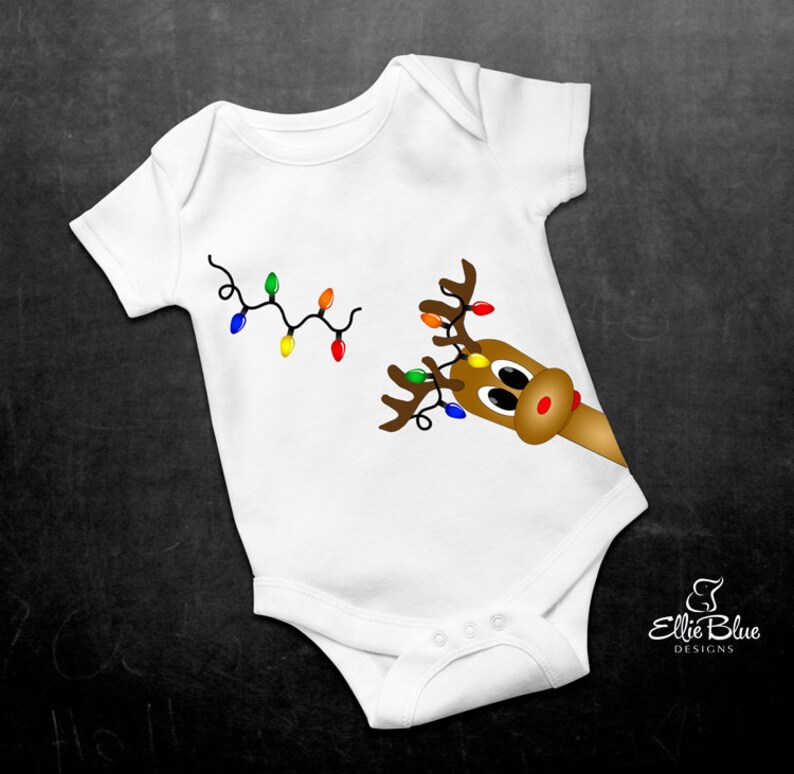 Short Sleeve Christmas Baby Bodysuit with Reindeer and Christmas Lights Print
