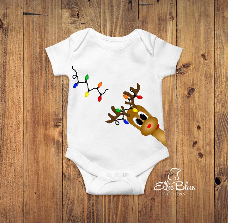 Short Sleeve Christmas Baby Bodysuit with Reindeer and Christmas Lights Print
