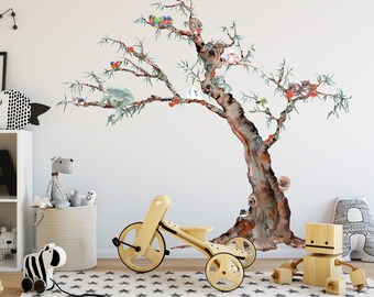 May include: A watercolor-style wall decal featuring a tree with branches and leaves. The tree is decorated with small animals, including birds, koalas, and possums. The decal is perfect for adding a touch of nature to a child's room.