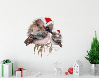 Kookaburra de noël aquarelle Unique avec bébé, autocollant mural en tissu amovible pour la décoration de la chambre