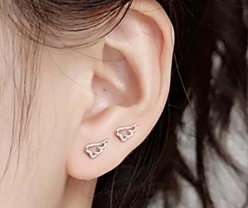 May include: A pair of silver wing-shaped earrings. The earrings are small and delicate, and they are worn in the lobes of the ears.