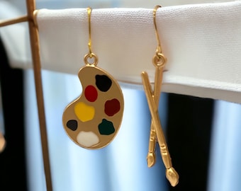 Artist Palette and Paint Brush Earrings, Art Teacher Gift