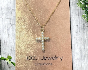 Dainty Pearl Cross Necklace: Elegant Religious Jewelry