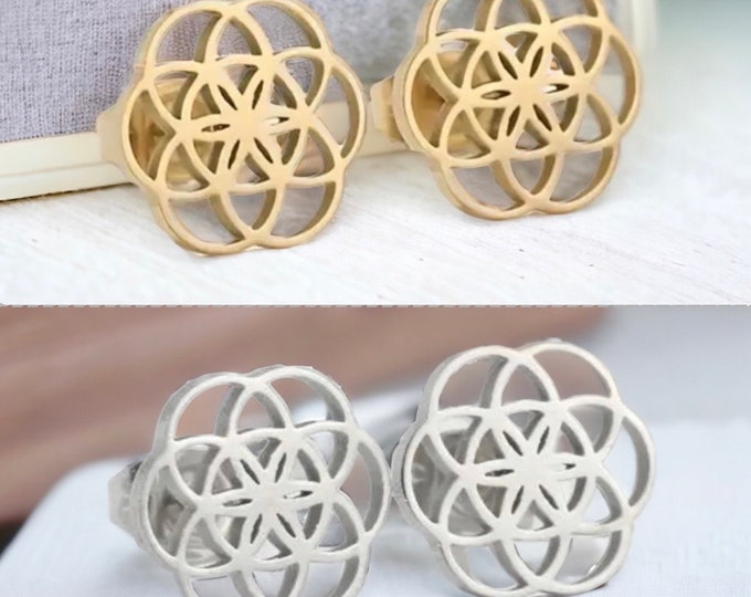 Geometric stud earrings, gold stud earrings, silver stud earrings, seed of life earrings, sacred geometric stud earrings, Math jewelry