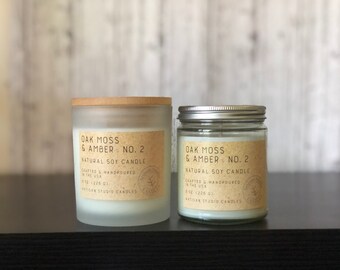 Oak moss & Amber No. 2 | vegan soy | earthy scent | 8 oz, candle | essential oil infused | hand poured | decor | gift for him | gift for her