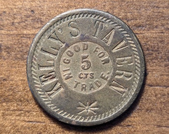 Wood River, Illinois et Flordell Hills, Missouri Kelly's Tavern Bon pour 5 cents vintage Bar Coin Trade Token