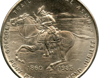 1935 Oregon Trail Memorial Association Stacja przekaźnikowa Pony Express Zmiana kucyków Medal jeźdźca na koniu, tak zwany żeton dolarowy