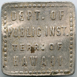 Op de afbeelding: Een rechthoekig, zilverkleurig metalen object met de tekst "DEPT. OF PUBLIC INST. TERR: OF HAWAII" in reliëf. De randen zijn versierd met een stippelrand. Het object lijkt verouderd.