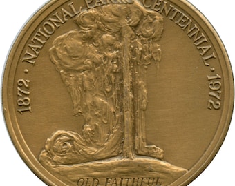Moneda conmemorativa de bronce y latón del géiser Old Faithful del Parque Nacional de Yellowstone, Wyoming, 1972
