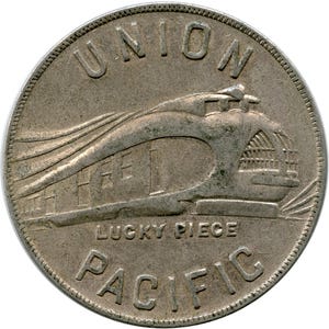 1930's Undated Union Pacific Railroad UPRR Lucky Piece Alcoa Aluminum Pullman Car Train Engine Locomotive Pictorial Image Token