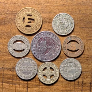 California CA Transit Token Lot Set of 8 Eastbay Street Railway, Long Beach Lines, Sacramento Cal Expo 1968, Stockton City Lines One Fare