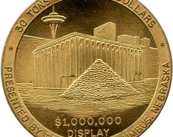 Moneda de exhibición de un millón de dólares de la Feria Mundial Century 21 de Seattle, Washington, de 1962. La llamada medalla oficial del dólar.