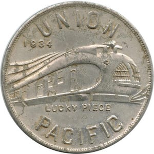 1934 Union Pacific Railroad UPRR Lucky Piece Alcoa Aluminum Pullman Car Train Engine Locomotor Pictorial Image Token 4