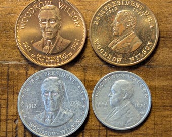 1913-1921 Woodrow Wilson 28th President United States WWI College Professor Commemorative Coin Medal Token Lot Set of 4 Different Types